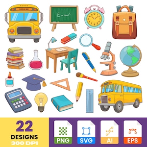 Terug naar school-clipartset: handgetekende schoolbenodigdheden (digitale png- en SVG-download