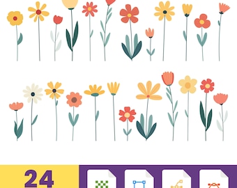 May include: A collection of 24 floral designs in various colors, including yellow, red, and orange, with green stems and leaves. The image includes file format icons for PNG, SVG, AI, and EPS, and the text "24 Designs 300 DPI".