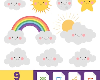 Cute Weather Clipart Set – Sun, Moon, Rainbow, Clouds & Stars SVG, PNG, Eps, Ai, commercial use vector set, instant digital download