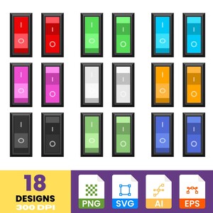 Puede incluir: Ilustración de 18 diseños de interruptores de colores, incluyendo rojo, verde y azul. La imagen también incluye iconos de tipo de archivo para los formatos PNG, SVG, AI y EPS. El texto dice "18 Designs 300 DPI".