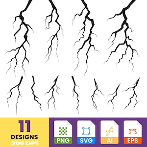 Lightning Bolt Bundle – Minimal Black Icons | Thunder Clipart PNG, SVG, Eps, Ai, commercial use vector set, instant digital download