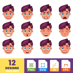 Boy Emotions Clipart Set: Cartoon Faces, Kids Vector Graphics (Digital Download