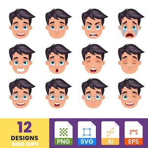Boy Emotions Clipart Set: Cartoon Faces, Kids Vector Graphics (Digital Download