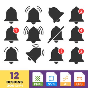 Notification Bell Clipart | Alert Icon Graphics | Digital PNG & SVG Set