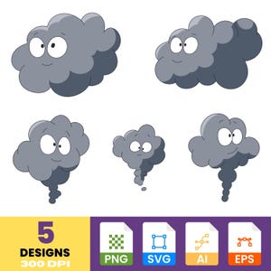 Cute Cloud Clipart Set – 5 Cartoon Smoke Cloud Characters for Kids Crafts, Stickers, Learning & Sublimation