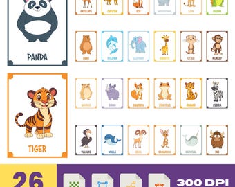 動物学習カード | 教育用フラッシュカード | 子供向けの野生動物認識 | 印刷可能な動物ワークシート