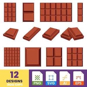 May include: A collection of twelve brown chocolate bar designs in various shapes and arrangements. The image includes different perspectives of the chocolate bars, along with file type icons for PNG, SVG, AI, and EPS formats. The text "12 DESIGNS 300 DPI" is also present.