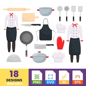 Può includere: Una collezione di 18 design a tema cucina, tra cui pentole, utensili, uniformi da chef e un mattarello. L'immagine presenta una varietà di strumenti di cottura in uno stile piatto e cartone animato.