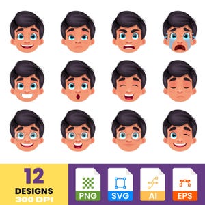 Boy Emotions Clipart Set: Cartoon Faces for Kids (Digital Download)