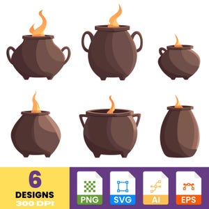 Puede incluir: Seis diseños de calderos marrones con llamas naranjas, perfectos para Halloween o proyectos temáticos de brujas. La imagen incluye iconos de tipo de archivo PNG, SVG, AI y EPS, junto con el texto "6 Designs 300 DPI".