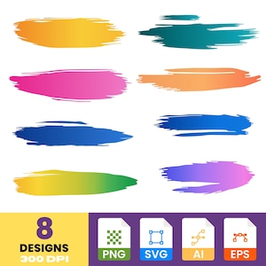 Colorful Brush Stroke Clipart – 8 Gradient Paint Strokes for Sublimation, Stickers, Branding & Social Media
