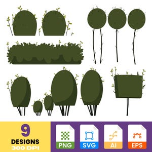 Green Bush Vector Illustration Set – PNG, SVG, Eps, Ai Garden Clipart Bundle, commercial use vector set, instant digital download