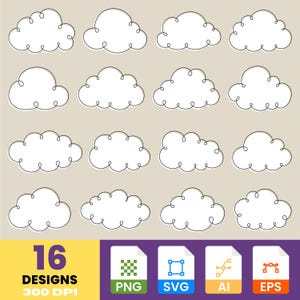 Puede incluir: Una colección de 16 diseños de nubes blancas con contornos negros, sobre un fondo beige. La imagen incluye iconos de tipo de archivo PNG, SVG, AI y EPS, y el texto "16 DESIGNS 300 DPI".