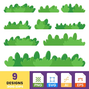 Puede incluir: Nueve diseños de arbustos verdes de varias formas y tamaños, perfectos para proyectos de arte digital. La imagen incluye formatos de archivo PNG, SVG, AI y EPS. El texto dice "9 Designs 300 DPI".