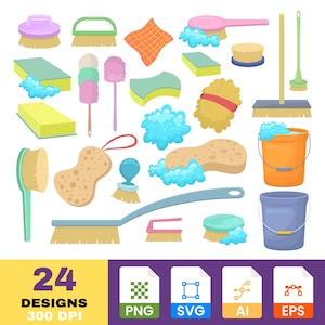 Puede incluir: Un conjunto de 24 diseños de limpieza, que incluyen cepillos, esponjas, plumeros y cubos. Los diseños son de varios colores, como amarillo, verde, rosa y azul. La imagen también incluye iconos de tipo de archivo PNG, SVG, AI y EPS.