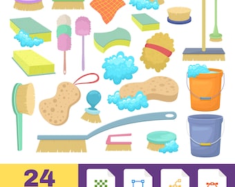May include: A collection of 24 cleaning designs, including brushes, sponges, dusters, and buckets. The designs are in various colors, such as yellow, green, pink, and blue. The image also includes file type icons for PNG, SVG, AI, and EPS formats.