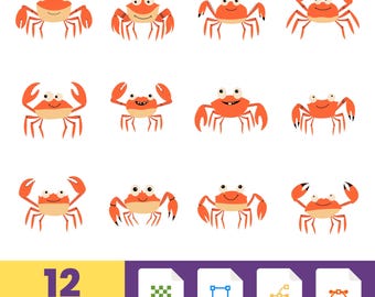 Cute Crab Clipart | Ocean Animal Stickers | Hand-Drawn Sea Creatures | Digital PNG & SVG