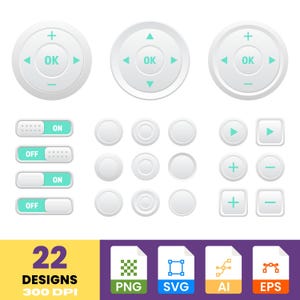 Puede incluir: Una colección de botones e interruptores de interfaz digital blancos. Incluye botones redondos con flechas direccionales y un botón "OK", interruptores basculantes y botones de más/menos. La imagen también muestra iconos de tipo de archivo y el texto "22 DISEÑOS 300 DPI".