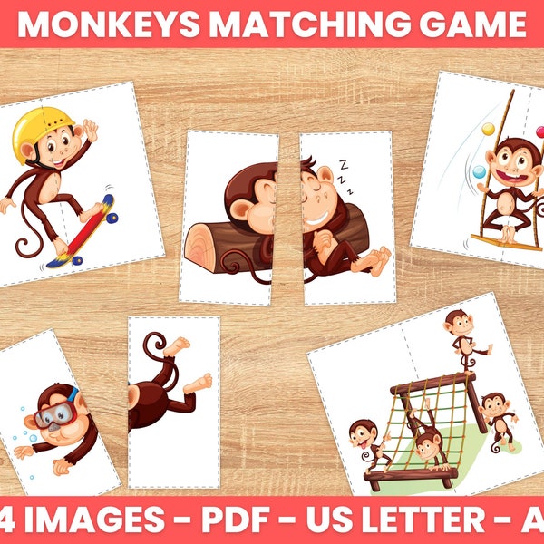Juego de emparejamiento de monos para niños, juego de monos para niños pequeños, actividad de emparejamiento de Safari, juego de animales, carpeta de aprendizaje, actividad preescolar