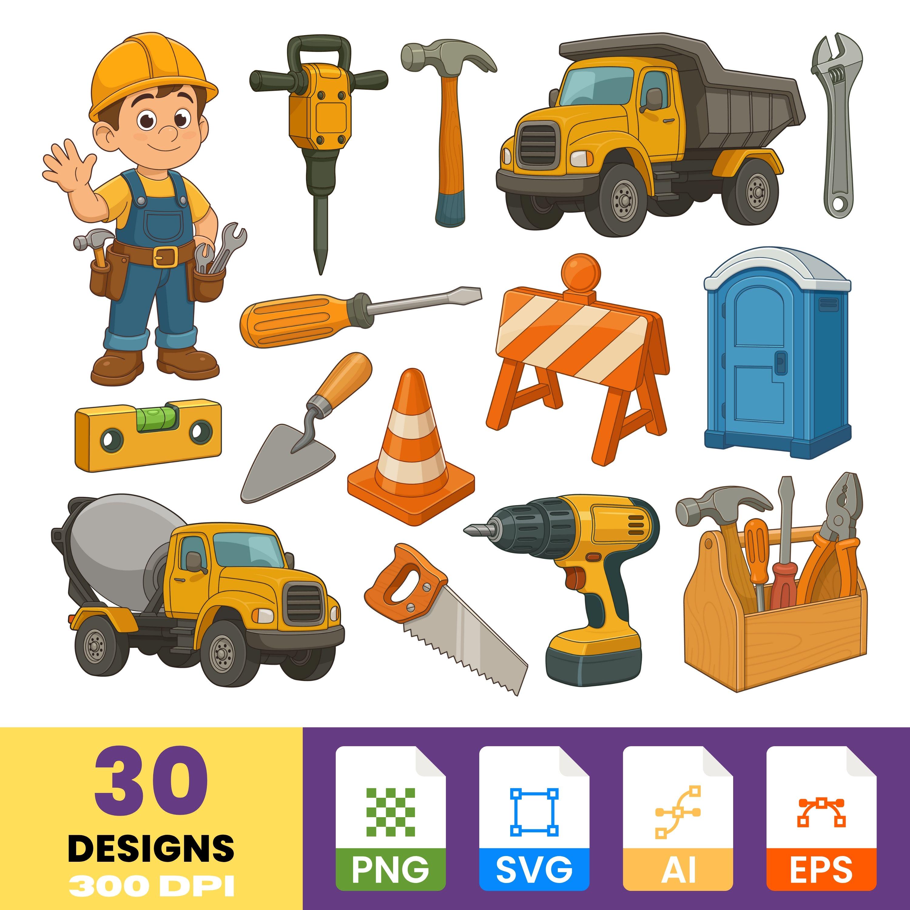 Construction Tools Builder Clipart Set | Cartoon Worker Equipment Digital  Graphics Bundle, image size:3000x3000