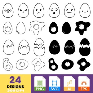May include: A set of 24 egg designs in black and white, featuring whole eggs with different expressions, cracked eggs, and fried eggs. The image also includes file type icons for PNG, SVG, AI, and EPS formats.
