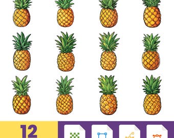 Pegatinas de piña: Fruta tropical dibujada a mano (descarga digital PNG y SVG)