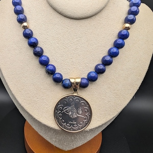 18K Gold & Lapis Ottoman Necklace, Vintage 1909 Turkish Coin Pendant, Genuine Lapis Lazuli, Luxurious Gift for Her