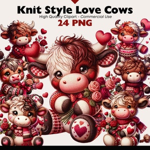 Valentine's Day Highland Cow Clipart Bundle, Cute Knitted Cows Watercolor, Valentine's Day Printable, Cow Digital Download, Love Cow PNG