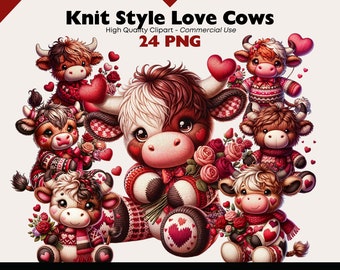 May include: A set of 24 digital clipart images featuring cute cartoon cows in a knit style, holding flowers and hearts. The cows are wearing red, white, and brown knit sweaters and scarves. The images are perfect for Valentine's Day crafts, scrapbooking, and other creative projects.