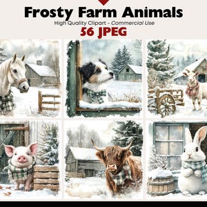 Frostiga bondgårdsdjur Clipart, vinterbondgårdsdjur JPEG, snöiga ladugårdsscener, rustik vinterdjurskonst, mysig bondgård Clipart Set