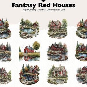 May include: Watercolor illustrations of fantasy red houses with detailed landscaping, including ponds, stone pathways, and colorful trees. The image features multiple designs with the text "Fantasy Red Houses" and "High Quality Clipart - Commercial Use".
