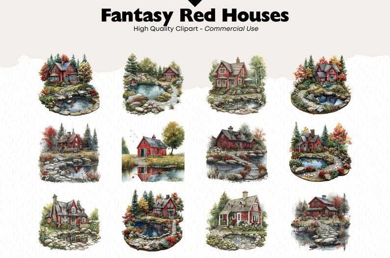 May include: Watercolor illustrations of fantasy red houses with detailed landscaping, including ponds, stone pathways, and colorful trees. The image features multiple designs with the text "Fantasy Red Houses" and "High Quality Clipart - Commercial Use".