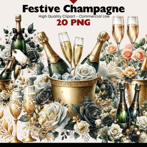 Festive Champagne Clipart Bundle, Elegant Champagne Toast PNG, Sparkling Wine Watercolor, Bubbly Luxury Drink Clipart Digital Download