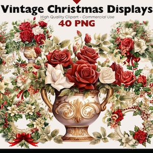 Vintage Christmas Floral Arrangements Clip Art, Red and Gold Holiday Flowers, Christmas Roses PNG, Luxurious Christmas Bouquet Elements