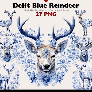 Paquete de imágenes prediseñadas de renos de Navidad, acuarela azul vintage de Delft, PNG de renos nórdicos, motivos tradicionales de estilo Delft PNG de Navidad