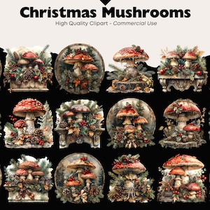 May include: Twelve digital illustrations of Christmas mushrooms with red and white caps, surrounded by greenery, berries, and pine cones. The mushrooms are arranged on a variety of backgrounds, including wood, stone, and fabric.