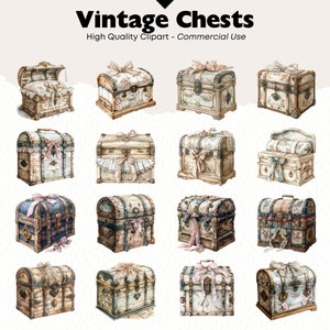 May include: A collection of 24 vintage wooden chests with various designs and embellishments. The chests are decorated with ribbons, lace, and floral patterns. Some chests have metal accents and hardware.