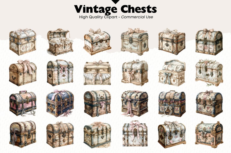 May include: A collection of 24 vintage wooden chests with various designs and embellishments. The chests are decorated with ribbons, lace, and floral patterns. Some chests have metal accents and hardware.