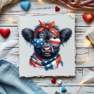 May include: A black and white Highland cow with a red bandana and heart-shaped sunglasses with red, white, and blue stars and stripes. The cow is wearing a red, white, and blue scarf.