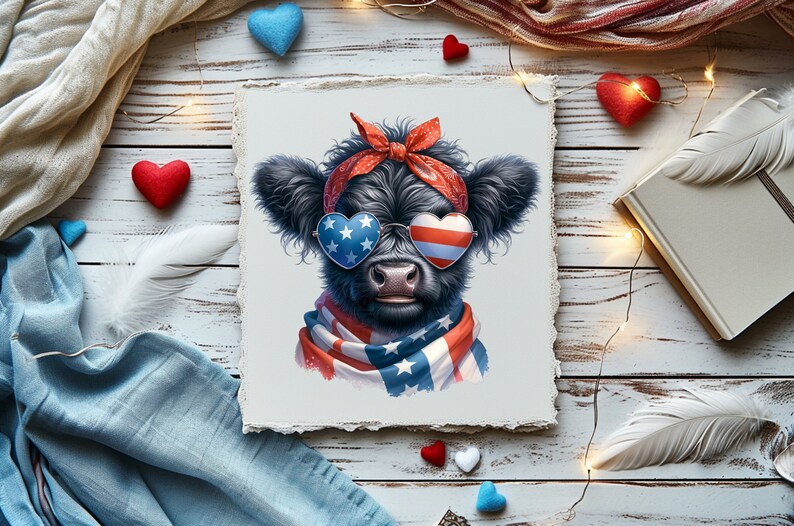 May include: A black and white Highland cow with a red bandana and heart-shaped sunglasses with red, white, and blue stars and stripes. The cow is wearing a red, white, and blue scarf.