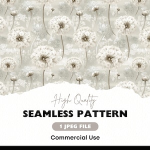 May include: A seamless pattern featuring white dandelion flowers on a light gray background. The pattern is perfect for creating digital or printed designs.