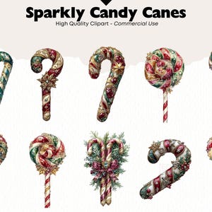 May include: A set of ten sparkly candy canes with red, green, and gold accents. The candy canes are decorated with glitter, beads, and other embellishments. The candy canes are perfect for adding a festive touch to your holiday decor.