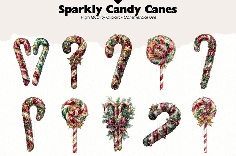 May include: A set of ten sparkly candy canes with red, green, and gold accents. The candy canes are decorated with glitter, beads, and other embellishments. The candy canes are perfect for adding a festive touch to your holiday decor.
