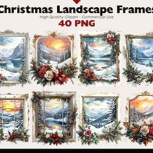 May include: A collection of watercolor Christmas landscape frames. Each frame features a winter scene with snow-covered mountains, trees, and a lake. The frames are decorated with festive floral arrangements and the text "Christmas Landscape Frames".