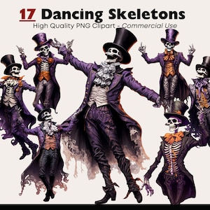 Clipart de esqueleto dançante, PNG assustador, aquarela de Halloween, gráficos vintage assustadores, esqueleto engraçado em roupas para impressão, download digital