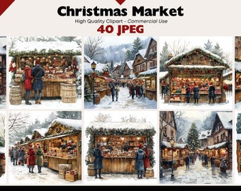 Winter Scenes Clipart Bundle Christmas Market Graphics Digital Download JPEG Holiday Art Watercolor Christmas Village Clipart Commercial Use