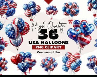 Clipart ballons USA, clipart patriotique, aquarelles ballons rouges et bleus, graphiques de bouquet de ballons américains, journal indésirable, créations en papier