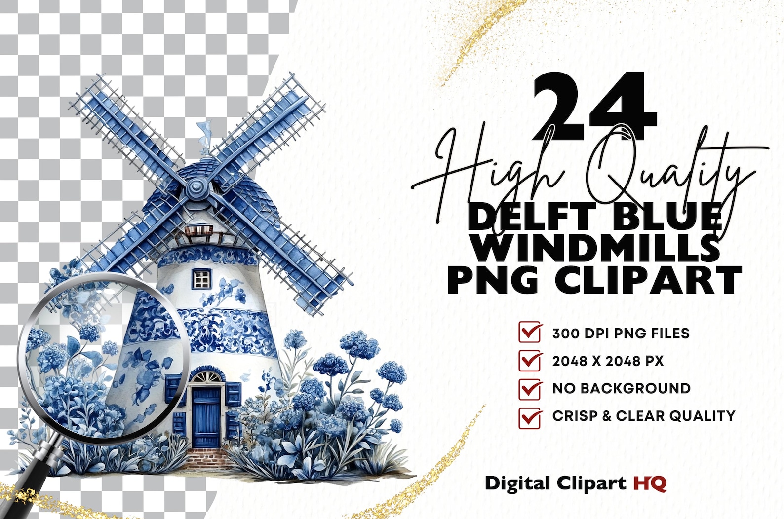 Delft Blue Windmill Clipart Bundle Vintage Floral Blue Delft Style ...
