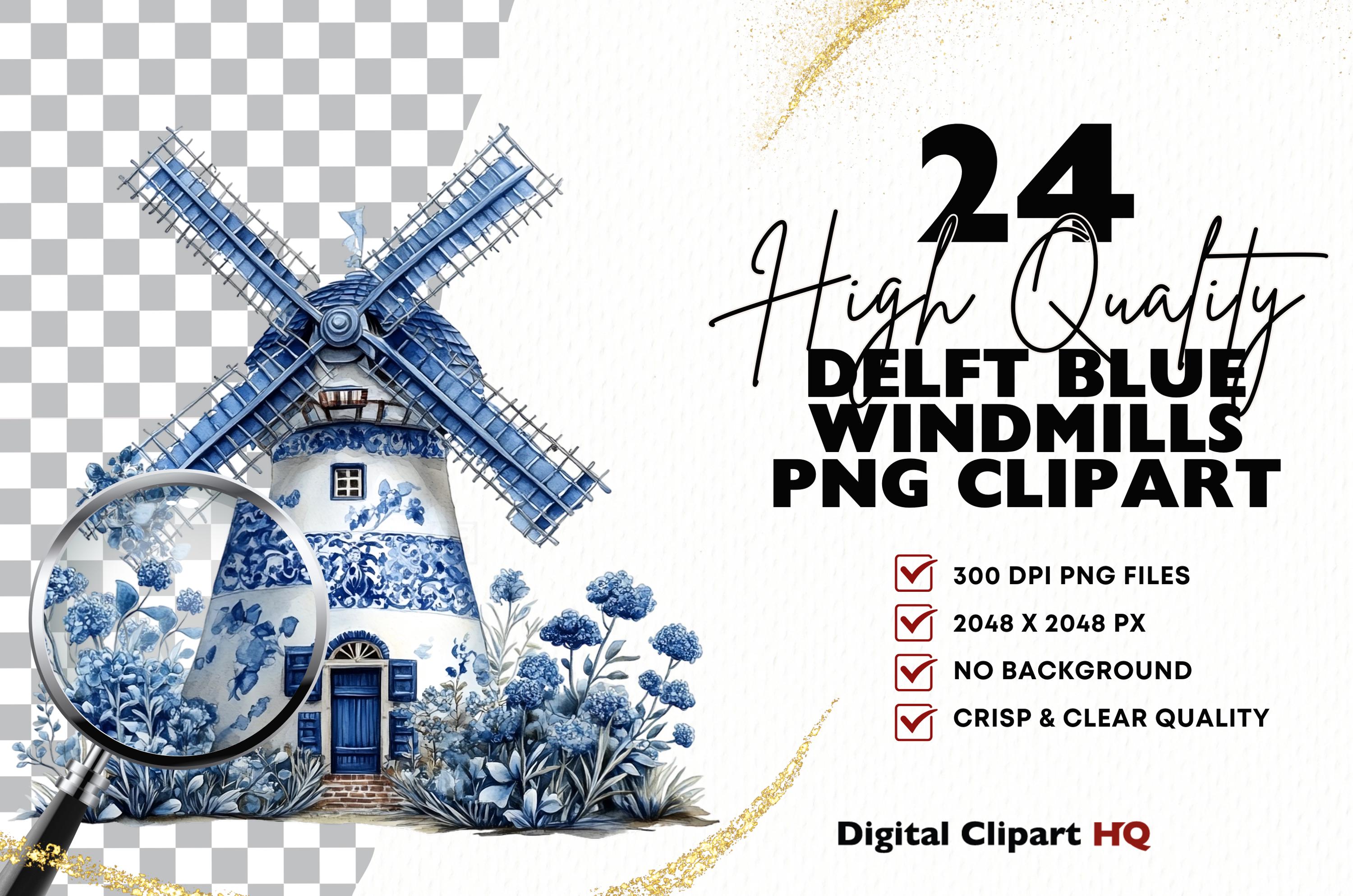 Delft Blue Windmill Clipart Bundle Vintage Floral Blue Delft Style ...