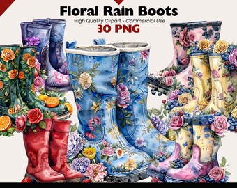 Paquete de imágenes prediseñadas de botas de lluvia florales, botas de jardín acuarela, lindos gráficos de jardinería, zapatos con patrón floral PNG Descarga digital, artesanías de papel